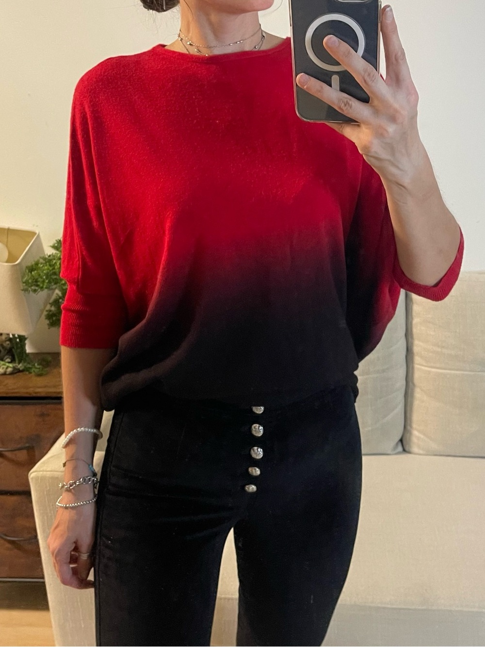 Elena Cao Cashmere Blend Red Black Ombre Slouchy Batwing Sweater One Size